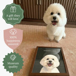 A white Bichon Frise sitting on a wooden floor beside its framed watercolor portrait. Badges read "A gift they will love", "100% happiness assured" and "Museum quality".