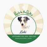 Bark in the Park pet keychain showing a colored pencil portrait of a dog named Loki inside the Bark in the Park San Jose event badge, with a punched hanging hole at the top