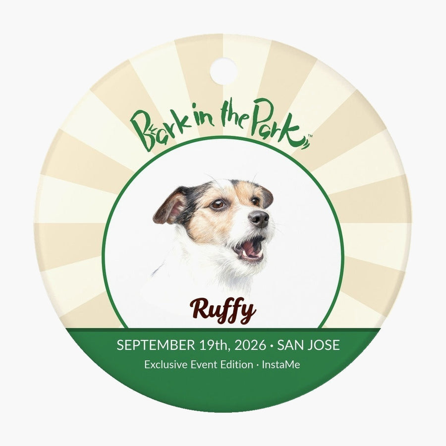 Bark in the Park pet keychain showing a colored pencil portrait of a dog named Ruffy inside the Bark in the Park San Jose event badge, with a punched hanging hole at the top