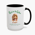 Bark in the Park 15 oz mug in Black, showing a colored pencil portrait of a dog named Cooper beneath the Bark in the Park San Jose event wordmark