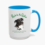 Bark in the Park 15 oz mug in Light Blue, showing a colored pencil portrait of a dog named Truffle beneath the Bark in the Park San Jose event wordmark