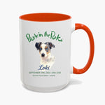 Bark in the Park 15 oz mug in Orange, showing a colored pencil portrait of a dog named Loki beneath the Bark in the Park San Jose event wordmark