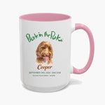 Bark in the Park 15 oz mug in Pink, showing a colored pencil portrait of a dog named Cooper beneath the Bark in the Park San Jose event wordmark