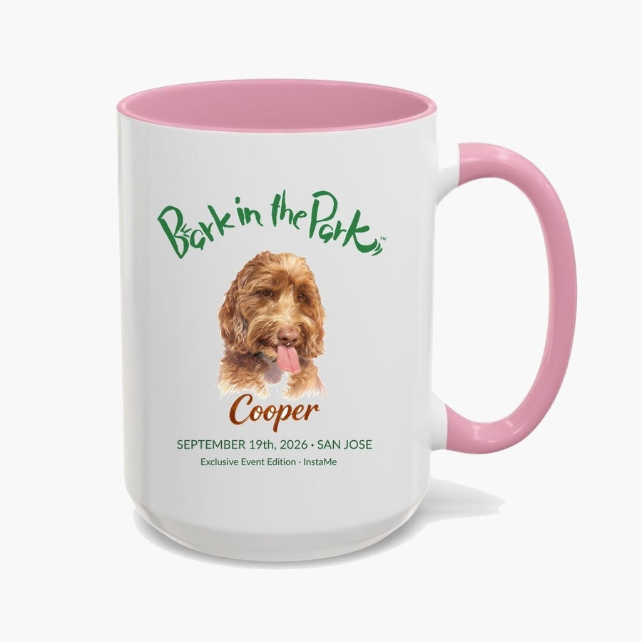 Bark in the Park 15 oz mug in Pink, showing a colored pencil portrait of a dog named Cooper beneath the Bark in the Park San Jose event wordmark