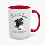 Bark in the Park 15 oz mug in Red, showing a colored pencil portrait of a dog named Truffle beneath the Bark in the Park San Jose event wordmark