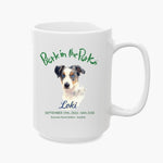 Bark in the Park 15 oz mug in White, showing a colored pencil portrait of a dog named Loki beneath the Bark in the Park San Jose event wordmark