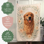 A person holds up the cream blanket showing a golden retriever in a peach floral wreath; badges read "A gift they will love", "100% happiness assured" and "Soft, thick and plushy".