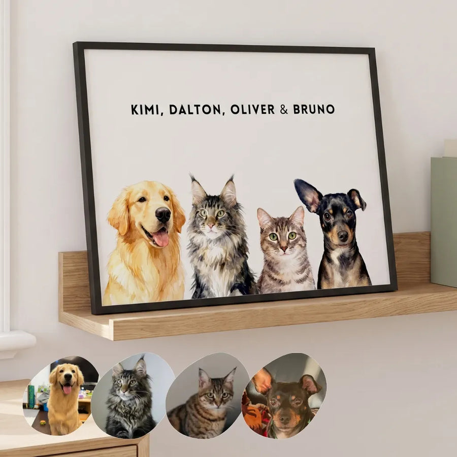 Custom Watercolor Four Pet Portrait