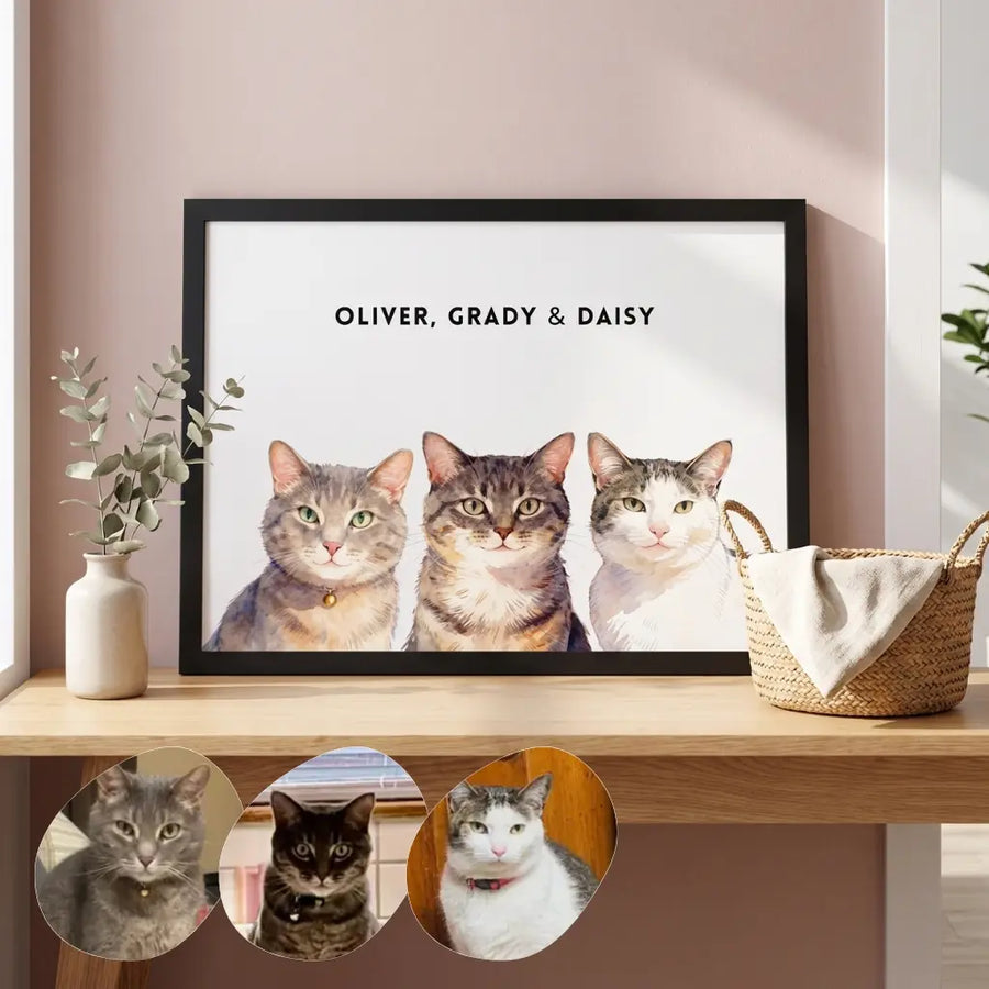 Custom Watercolor Three Pet Portrait