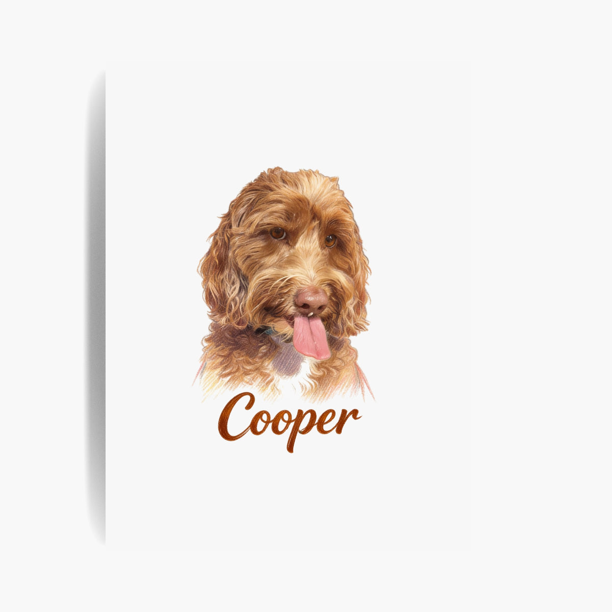 Unframed colored pencil print of an apricot labradoodle on a soft white background, with the name "Cooper" drawn below.