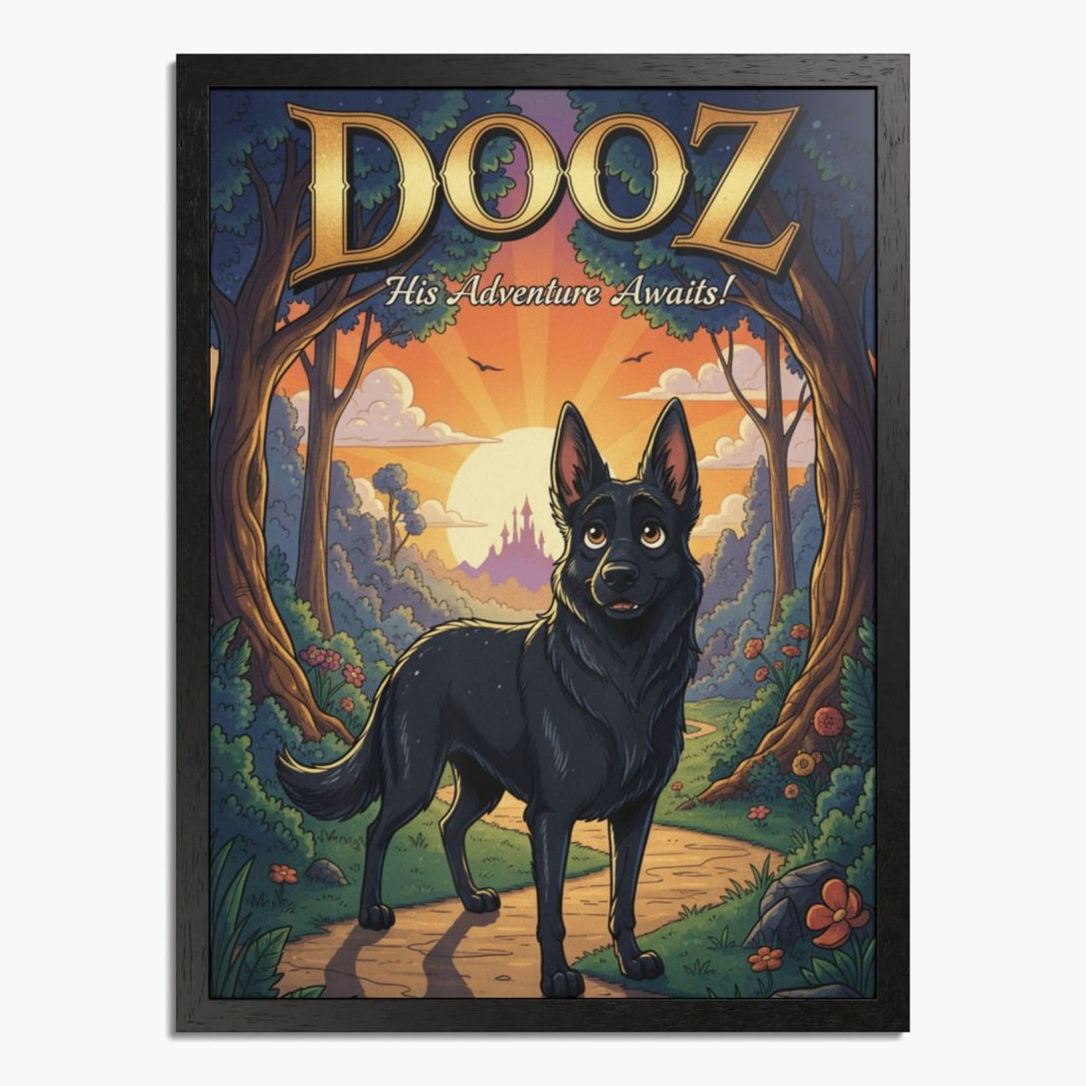 Cartoon movie-poster art of a black shepherd dog on a forest path at sunset, titled "DOOZ" above "His Adventure Awaits!", in a black frame.