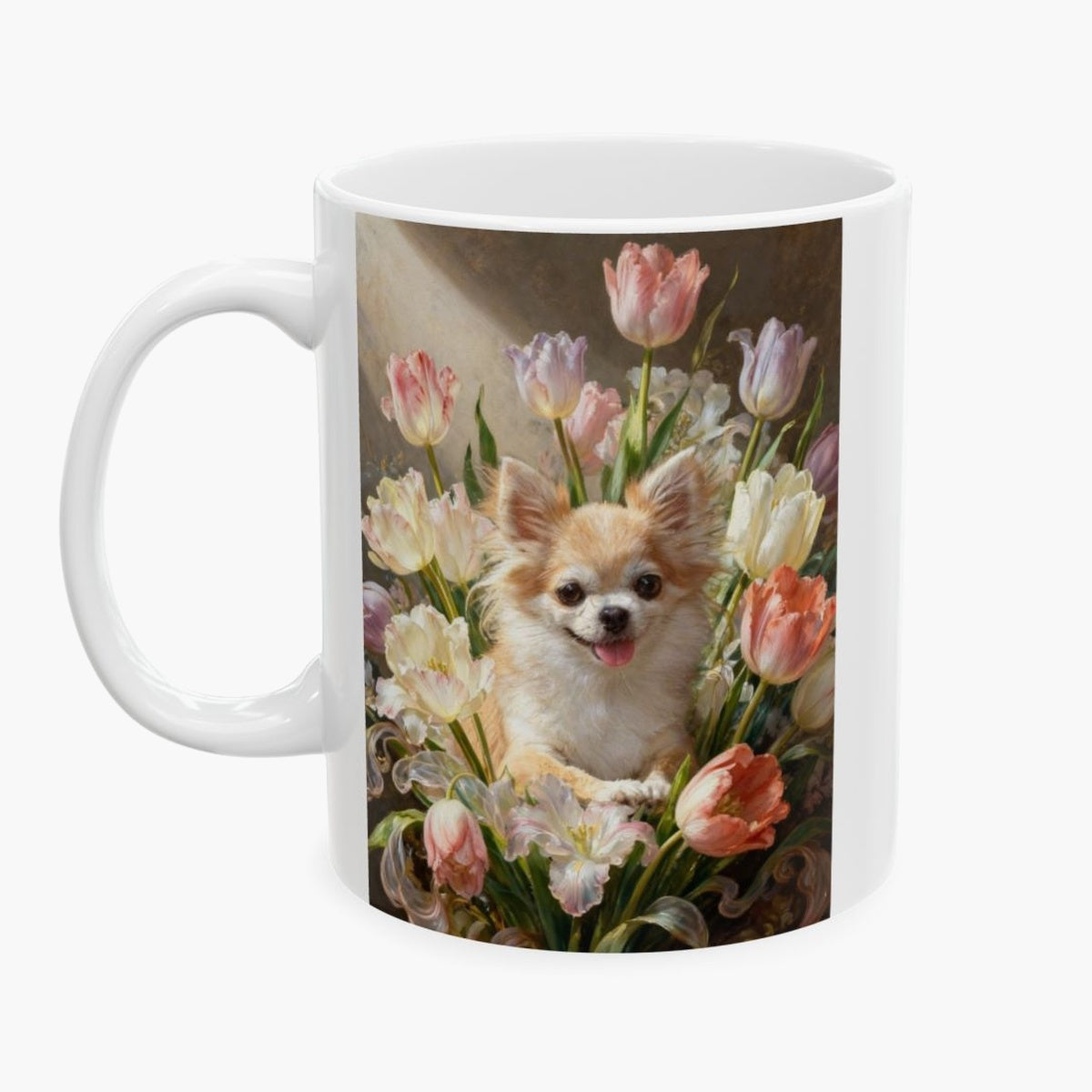 Oil-painting style print of a long-haired chihuahua nestled in a lush bouquet of pastel tulips, wrapped around a white mug.