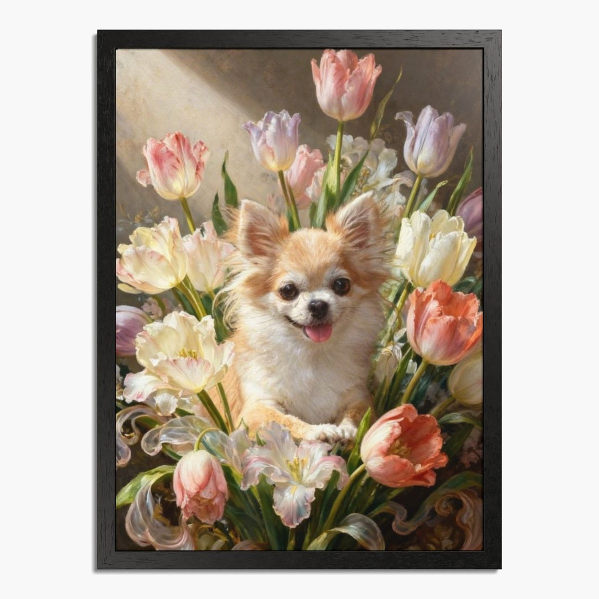 Old-master oil painting of a long-haired chihuahua nestled in a bouquet of pink, white and coral tulips, in a black wood frame.