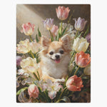 Fleece blanket printed with an old-master painting of a long-haired chihuahua peeking out of a bouquet of pastel tulips.
