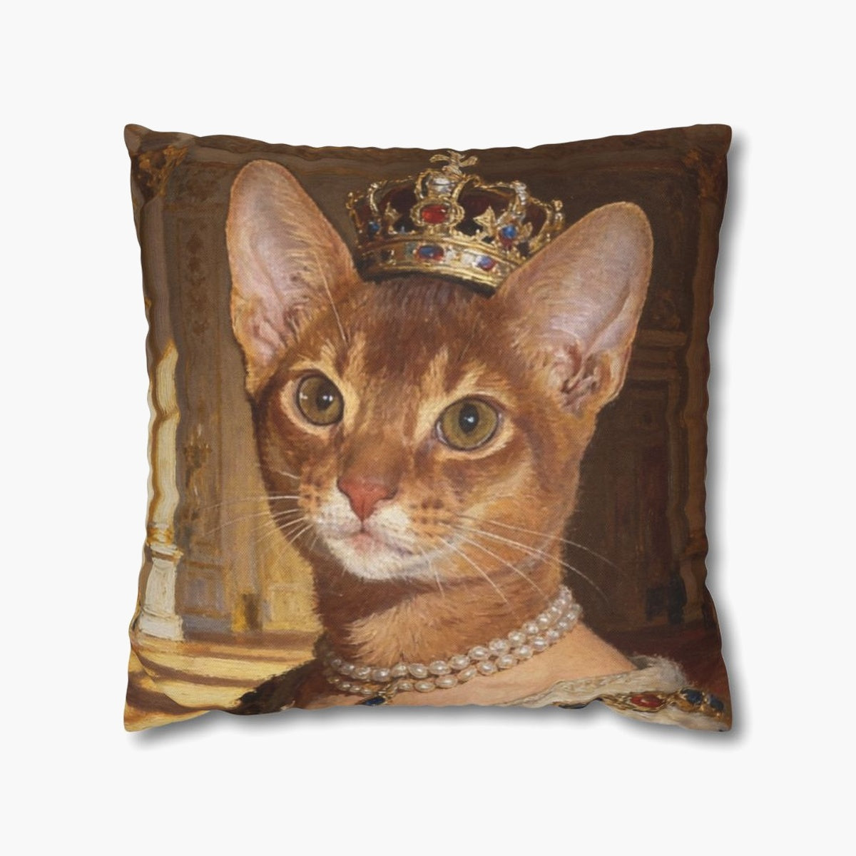 Renaissance-style oil painting of an Abyssinian cat wearing a jeweled gold crown and pearl necklace, on an 18-inch throw pillow.