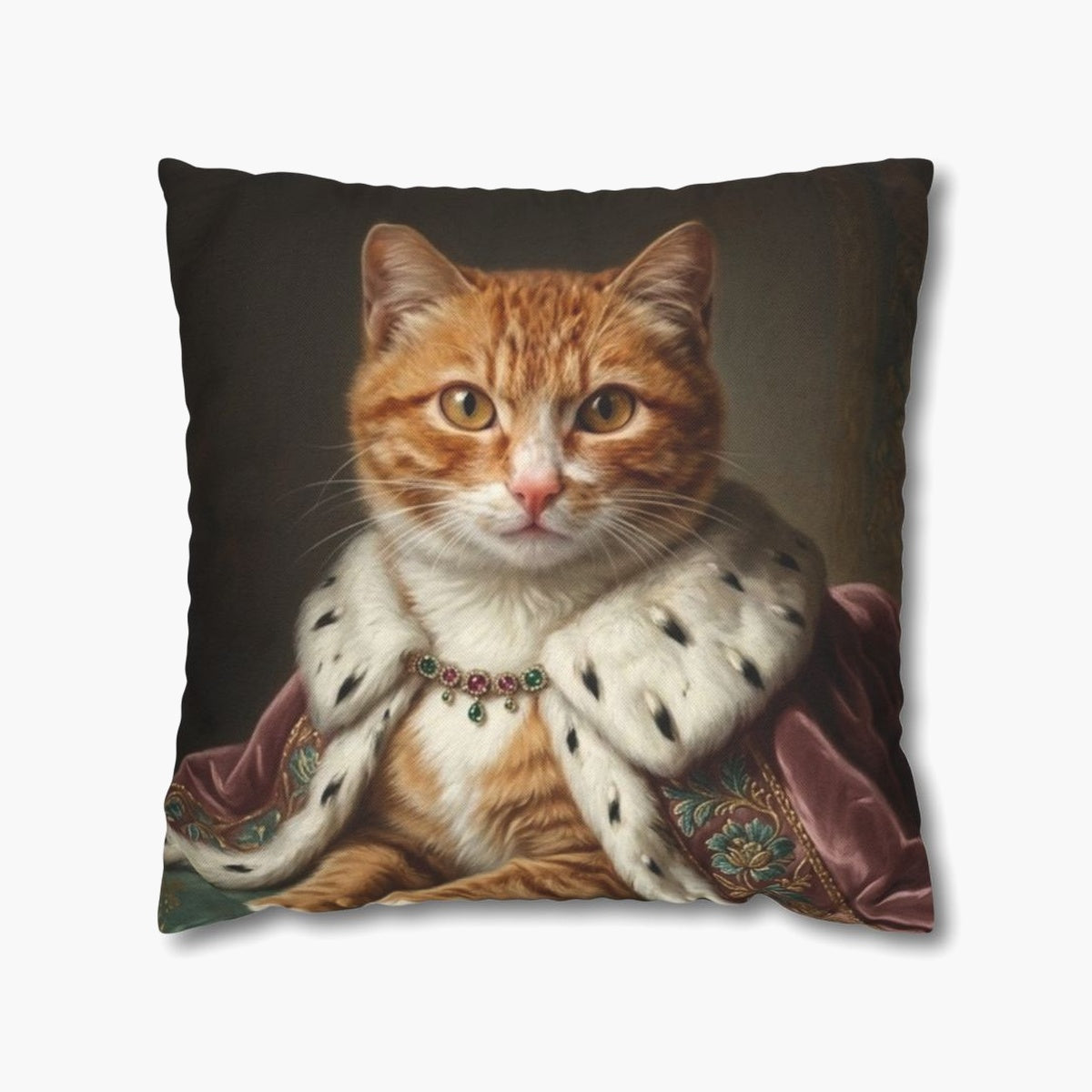 Renaissance-style oil painting of a ginger and white cat in an ermine-trimmed pink royal robe and jeweled collar, on a throw pillow.