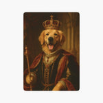 A single card back showing a golden retriever as a crowned king in jeweled red and gold robes, holding a scepter in a palace hall.