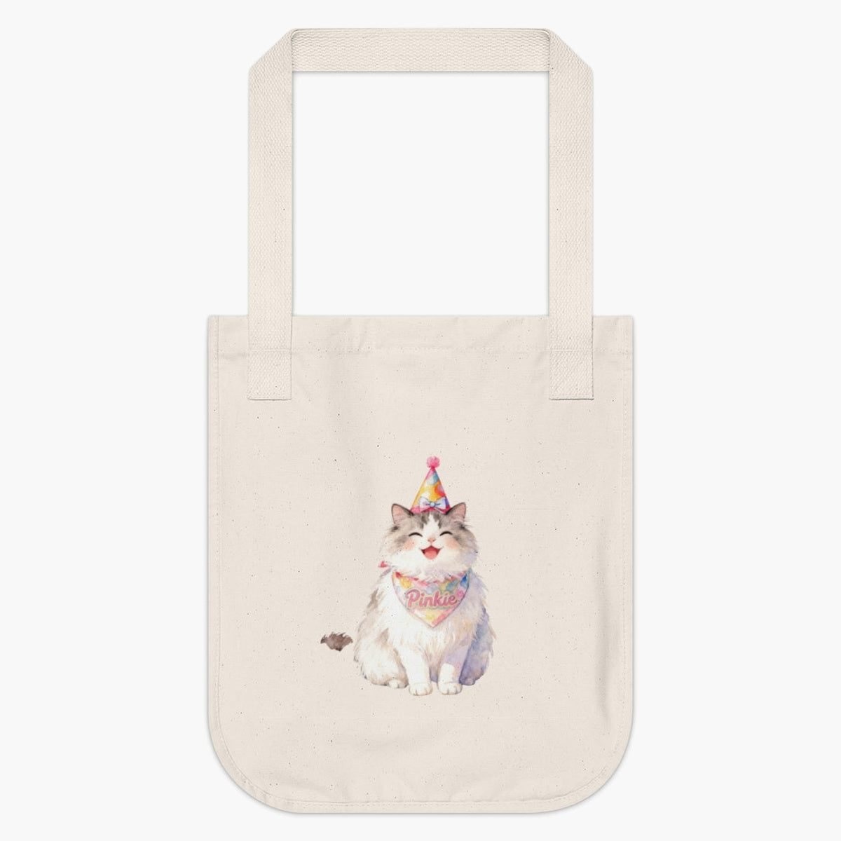 Natural cotton tote bag printed with a watercolor gray and white cat in a party hat, wearing a bandana that reads "Pinkie".