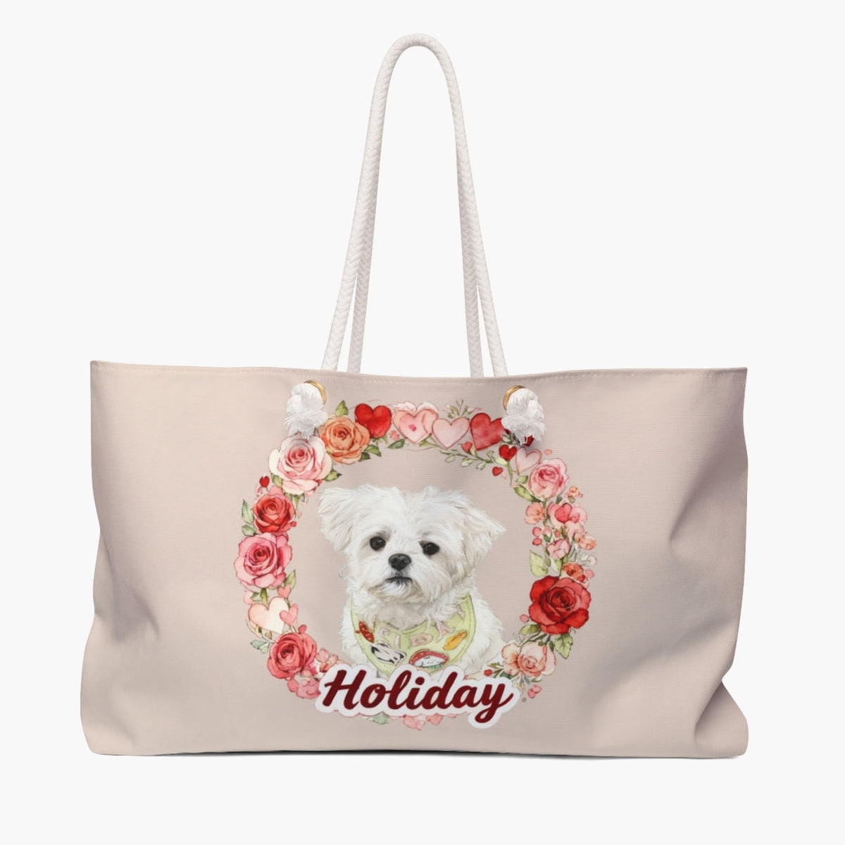 Blush weekender bag printed with a wreath of roses and hearts around a small white dog in a bandana, with "Holiday" below in red script.