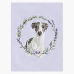 Lilac fleece blanket printed with a gray and white Italian greyhound inside a rosemary and lavender wreath, with the name "Dash" in a heart below.