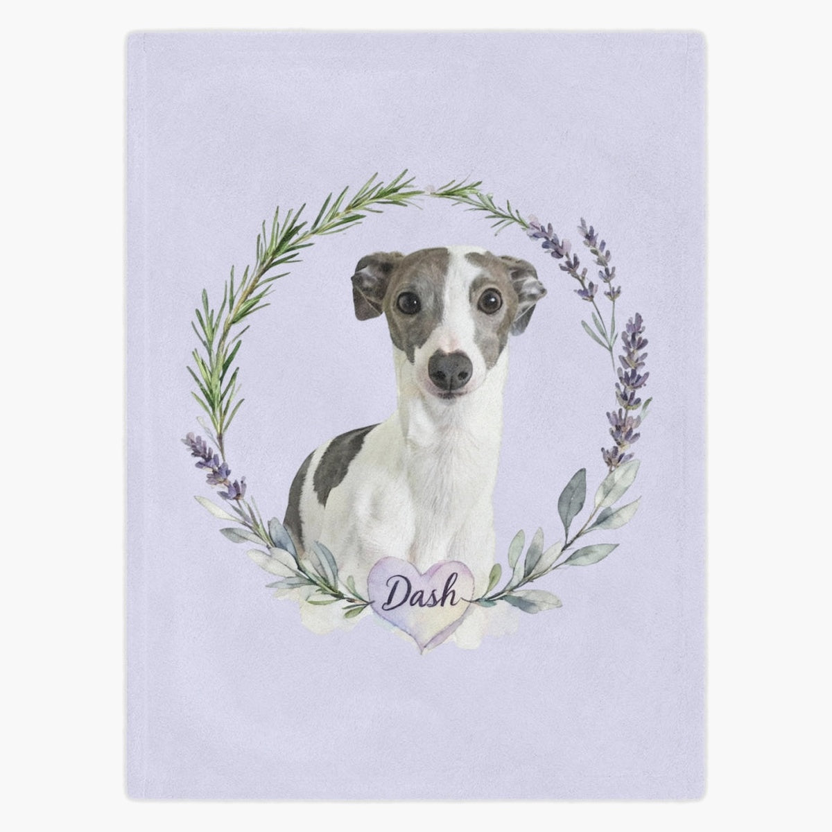 Lilac fleece blanket printed with a gray and white Italian greyhound inside a rosemary and lavender wreath, with the name "Dash" in a heart below.