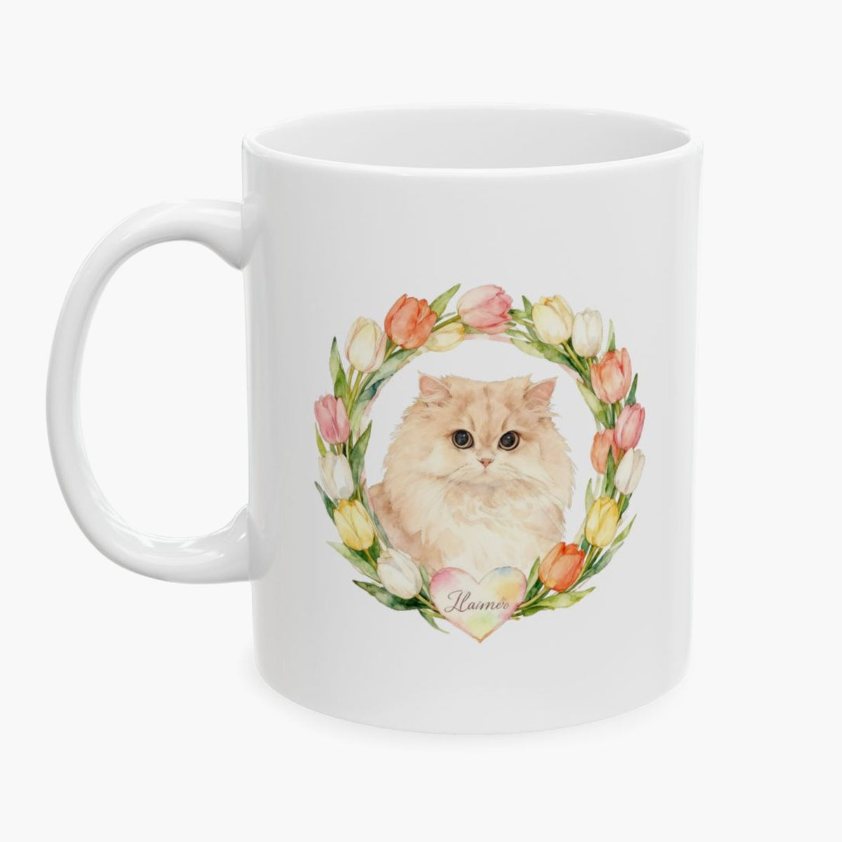 Watercolor portrait of a fluffy cream Persian cat inside a pastel tulip wreath on a white mug, with the pet's name on a heart below.