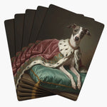 Five cards fanned face down, each back an oil-painting style portrait of a whippet in an ermine-trimmed pink robe on a teal cushion.