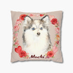 Watercolor blue-eyed Pomsky inside a wreath of red and pink roses and hearts on a beige throw pillow, with the name "Mochi" in red script.