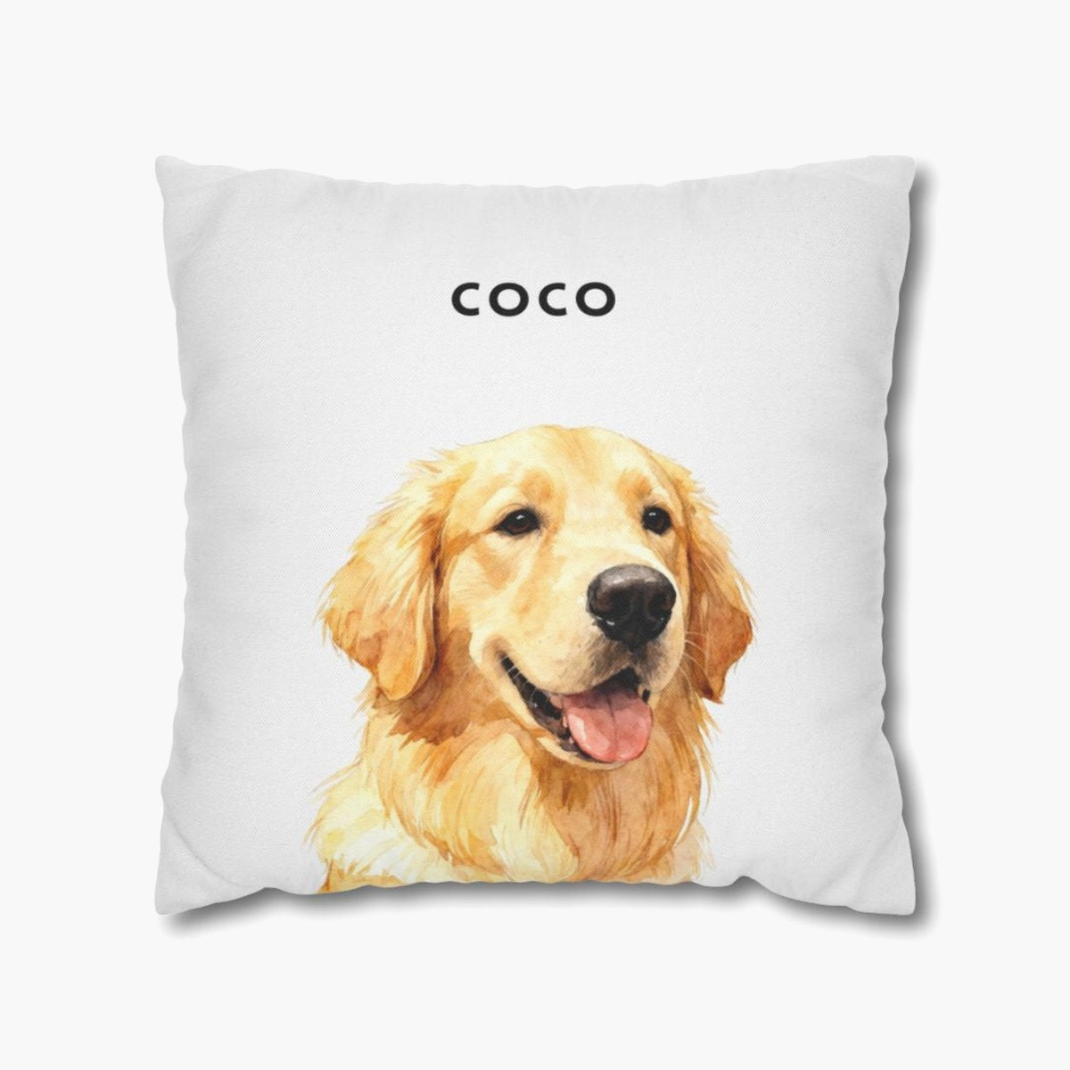 Watercolor portrait of a golden retriever on a soft white 18-inch throw pillow, with the name "COCO" printed above in black capitals.