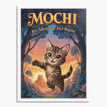 Cartoon movie-poster art of a tabby kitten leaping through a sunset jungle, titled "MOCHI" above "His Adventure Just Began!", in a white frame.