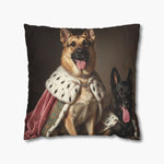 Renaissance-style oil painting of two German shepherds in ermine-trimmed royal robes and jeweled collars, on an 18-inch throw pillow.