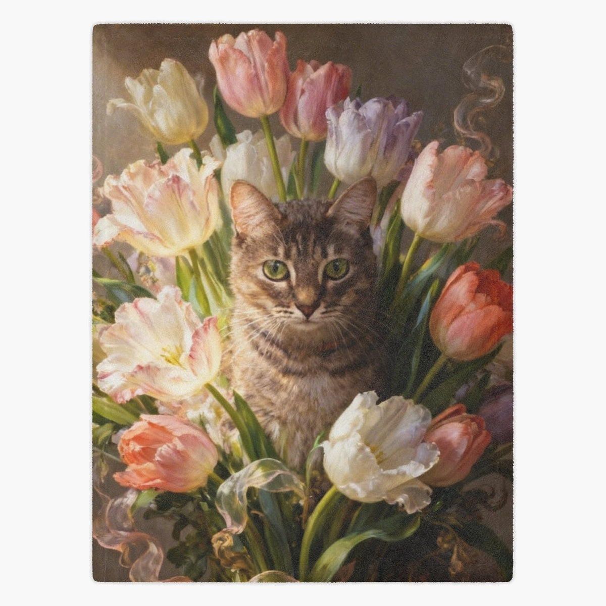 Fleece blanket printed with an old-master painting of a brown tabby cat surrounded by pink, white and peach tulips.
