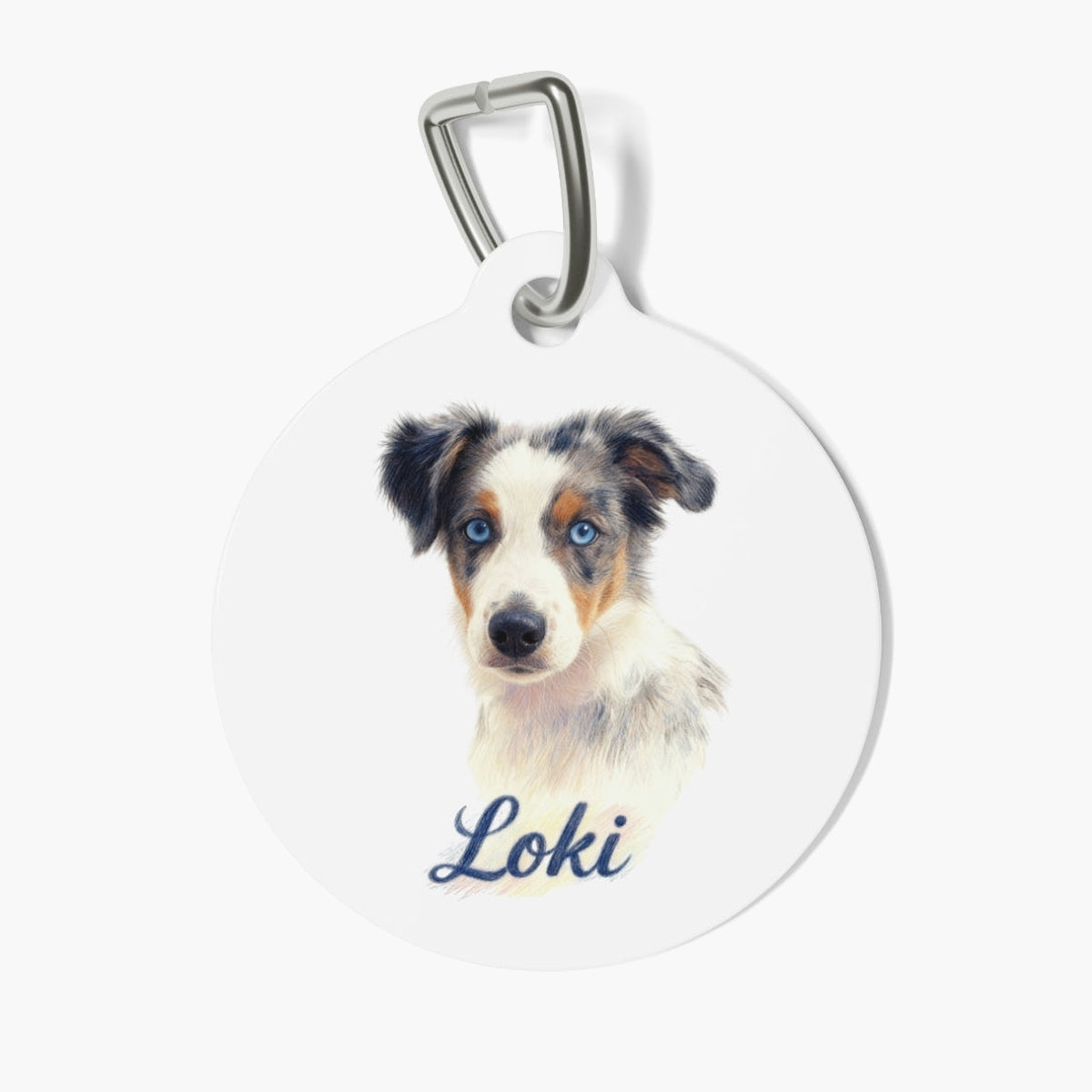 Round white pet tag on a metal clasp, printed with a colored-pencil portrait of a blue merle Australian shepherd puppy, named Loki in blue script.