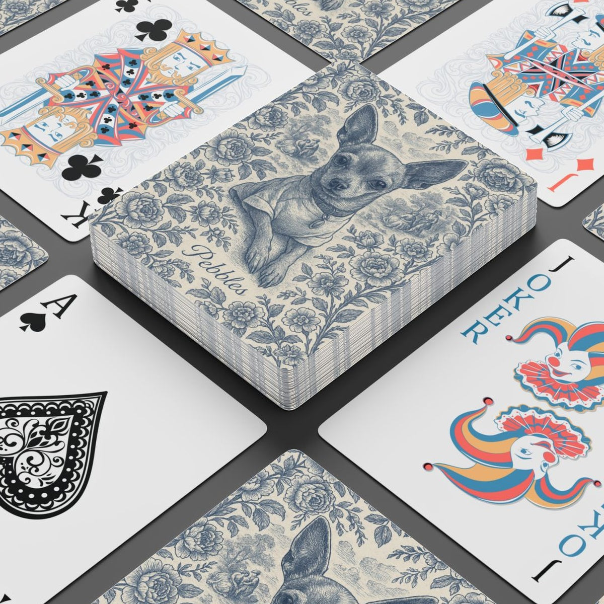 A stacked deck showing the blue chihuahua toile back named Pebbles, ringed by standard playing faces: two kings, an ornate ace of spades and a joker.