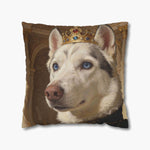 Renaissance-style oil painting of a blue-eyed husky wearing a jeweled gold crown in a gilded palace hall, on an 18-inch throw pillow.