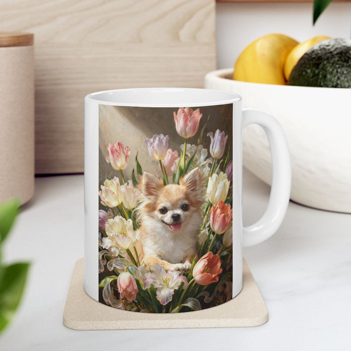 The mug on a kitchen counter beside a bowl of lemons, printed with a long-haired chihuahua nestled in a bouquet of pastel tulips.