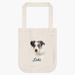 Natural cotton tote bag printed with a lifelike color portrait of a blue merle Australian shepherd puppy, with "Loki" below in blue script.
