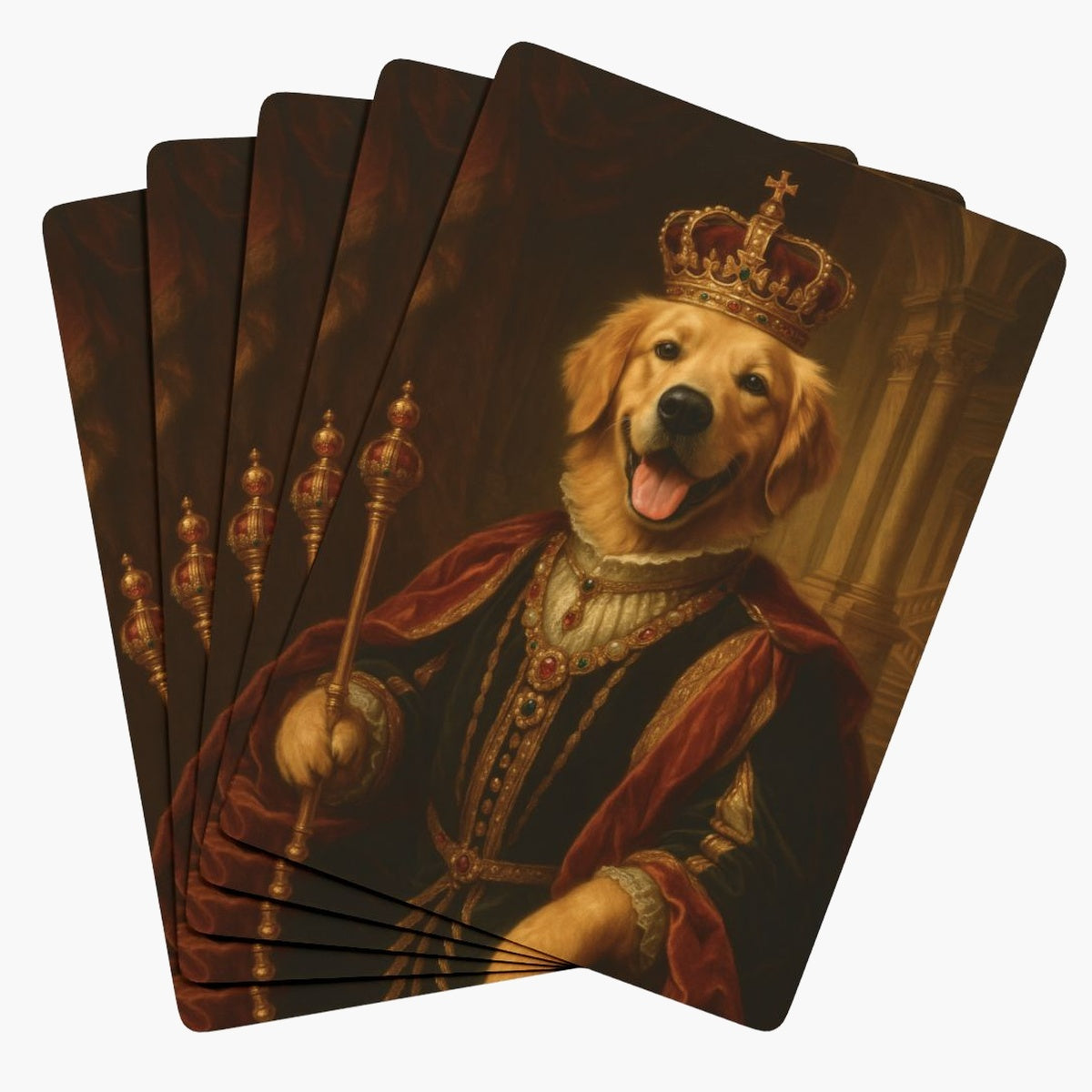 Five cards fanned face down, each back a painted portrait of a golden retriever as a crowned king in red velvet, holding a gold scepter.