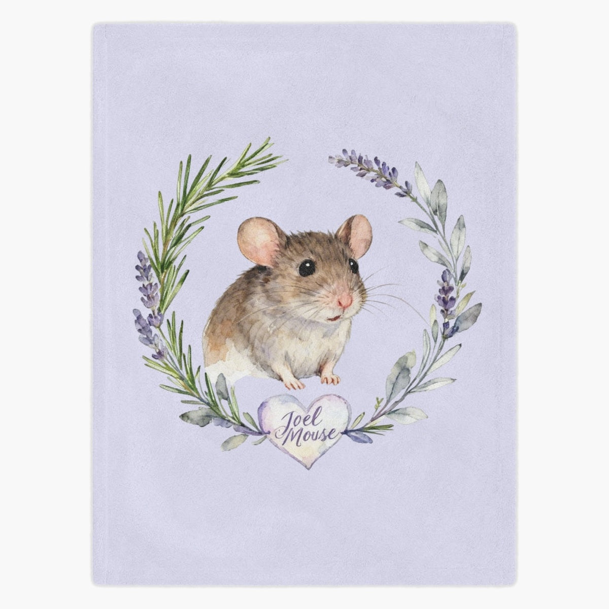 Lilac fleece blanket printed with a brown pet mouse inside a rosemary and lavender wreath, with the name "Joel Mouse" in a heart below.