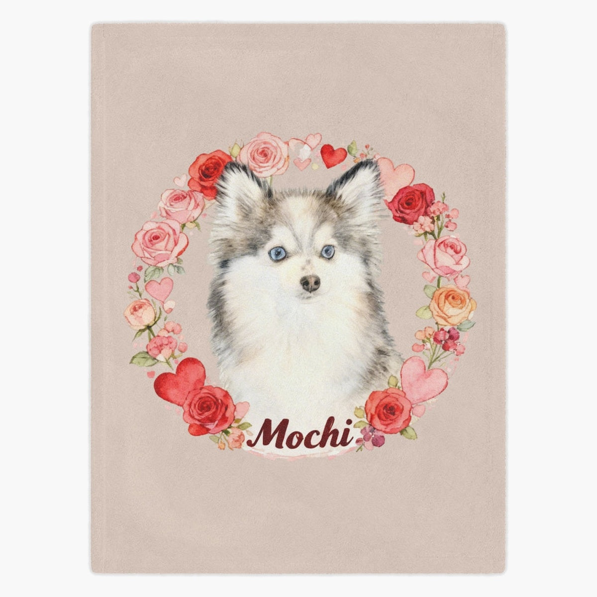 Beige fleece blanket printed with a blue-eyed Pomsky framed by a ring of watercolor roses and hearts, with the name "Mochi" below.