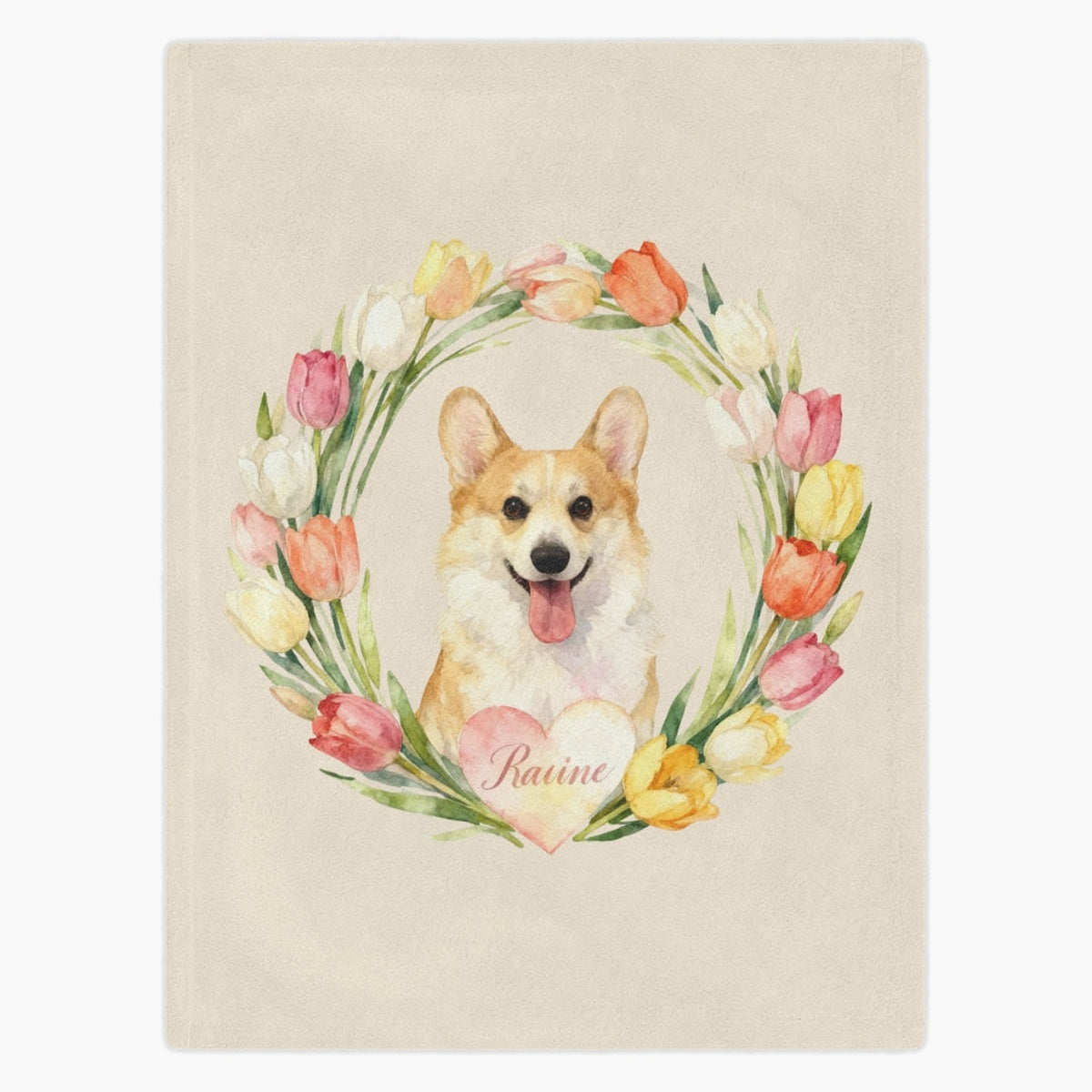 Cream fleece blanket printed with a smiling corgi framed by a ring of watercolor tulips, the pet's name in a pink heart below.