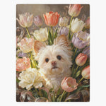 Fleece blanket printed with an old-master painting of a small white terrier framed by pastel tulips and a white peony.