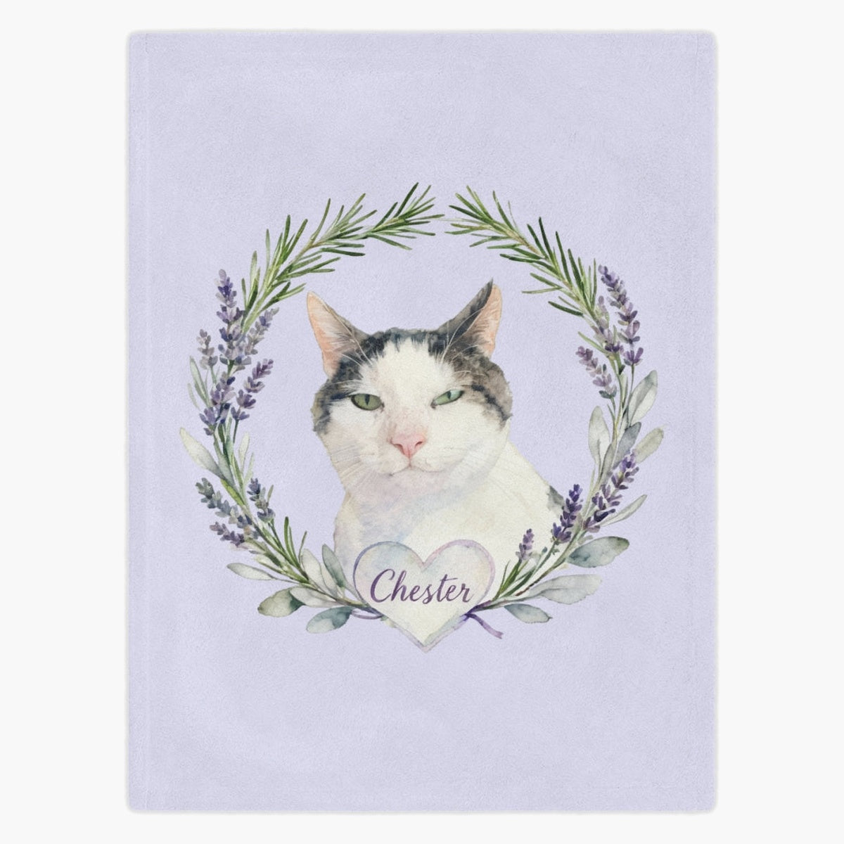 Lilac fleece blanket printed with a gray and white cat inside a rosemary and lavender wreath, with the name "Chester" in a heart below.