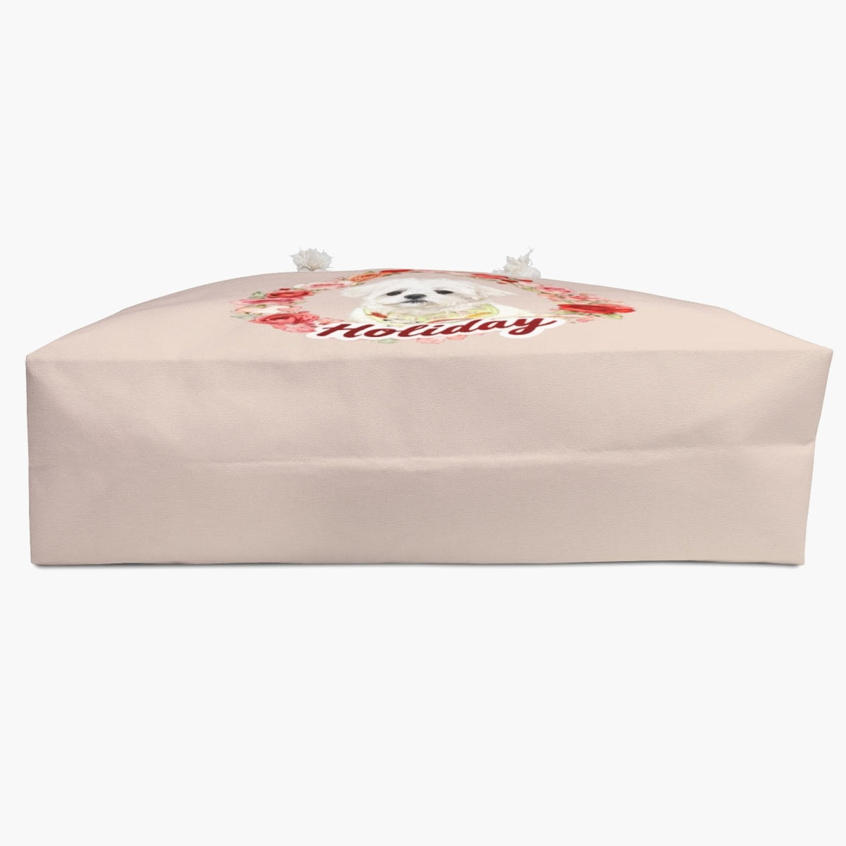 The blush rose-wreath weekender bag laid on its side, showing the flat base and wide gusset, with the design just over the top edge.