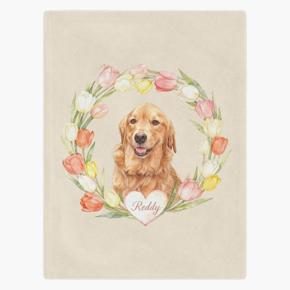 Cream fleece blanket printed with a golden retriever framed by a ring of watercolor tulips, the pet's name in a white heart below.