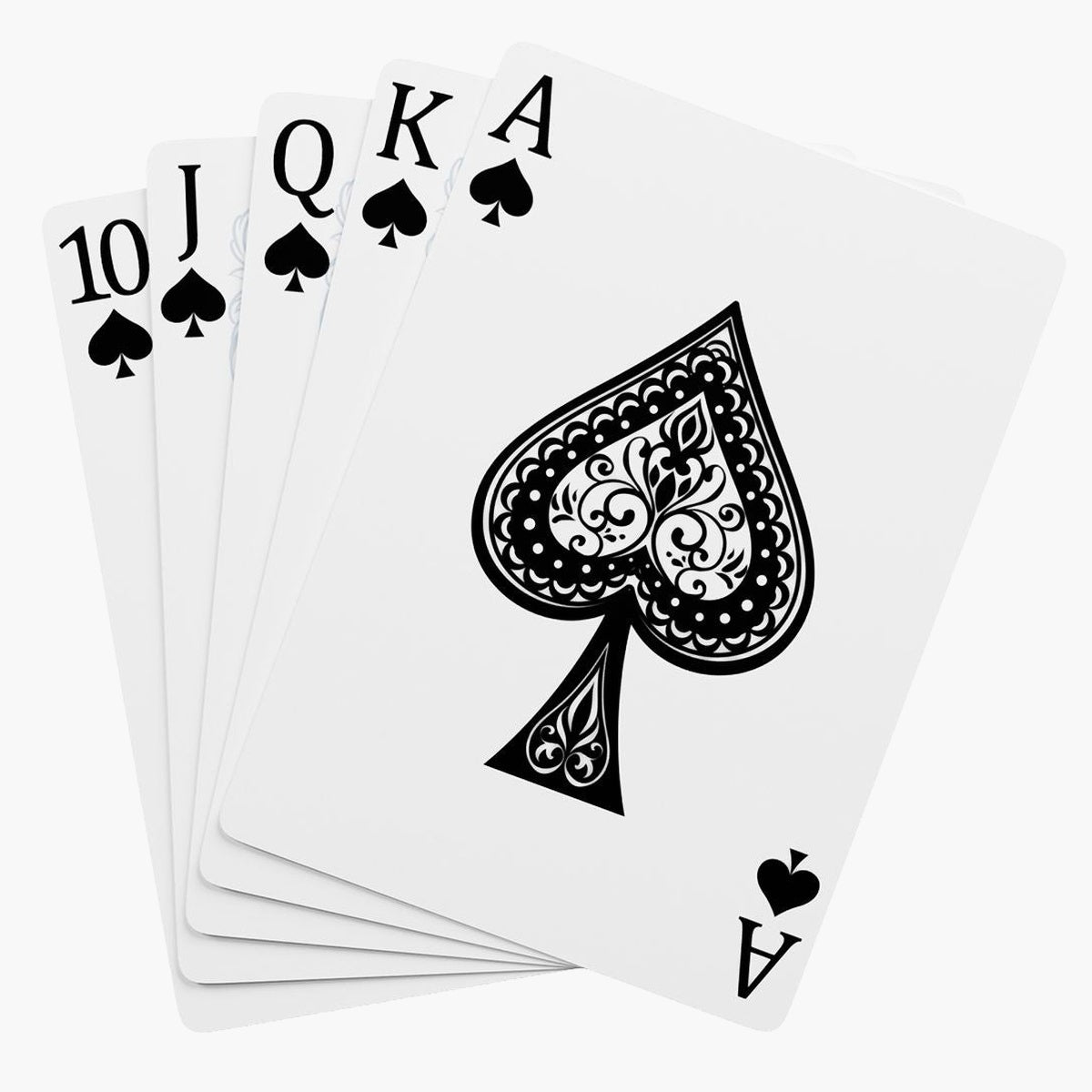 Five standard card faces fanned out, the ten, jack, queen, king and ace of spades, with the ornate filigree ace of spades in front.