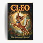 Unframed cartoon movie-poster print of a ginger cat leaping in a moonlit forest, titled "CLEO" with "Her Adventure Awaits!" below.