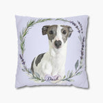 Watercolor black and white Italian greyhound inside a lavender and rosemary wreath on a lilac pillow, with the name "Dash" in a heart below.