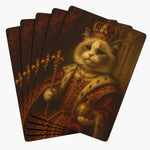 Five cards fanned face down, each back a painted portrait of a fluffy cream cat crowned in red and gold, holding a scepter and golden orb.