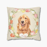 Watercolor golden retriever inside a wreath of pink, white and yellow tulips on a cream pillow, with the name "Reddy" in script on a heart.